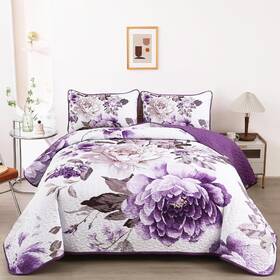 Wongs Bedding 445023087011 Purple Floral Quilt Set King 3 Pieces Reversible Lightweight Printed Bedspread C