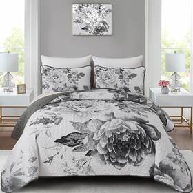 Ac081799 Wongs Bedding Grey Boho Floral Quilt Set King 3 Pieces Elegant Gray Flower Beds