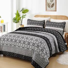 Wongs Bedding King 104 90 Boho Quilt Set Bohemian Black Striped Patchwork Bedspread 2 Pillowcases