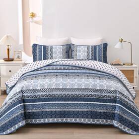 Ys01ac080609k3u-a Wongs Bedding Boho Quilt Set King Size Navy Blue Bohemian 3 Pieces Sets Lightweight