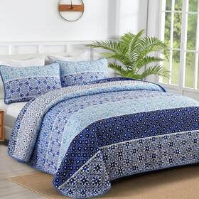 Ys01ac080849q3u-a Wongs Bedding Bohemian Quilt Queen Size Blue Striped Patchwork Bedspread Cov