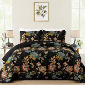 Ys01ac081320k3u-a Wongs Bedding Floral Quilt Set King Size Black Botanical Bedspread Bedd