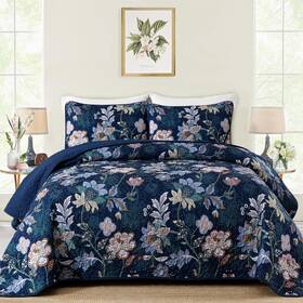 Ys01ac081381af-a Wongs Bedding Quilt Set Queen Size Navy Blue Botanical Bedspread Sets 3 Pie