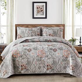 Ys01ac090511k3u-a Wongs Bedding Floral Quilt Set King Size Grey Botanical Bedspread Sets Soft L