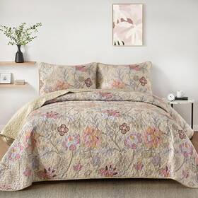 Ys01ac090512k3u-a Wongs Bedding Floral Quilt Set King Size Khaki Botanical Bedspread Sets Soft