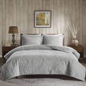 Wr13-2059 Woolrich 675716986315 Teton Embroidered Plush Coverlet Set Grey Full/queen