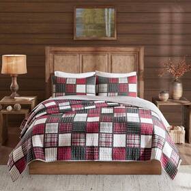 Wr13-2524 Woolrich Tulsa 3-piece Red/grey Cotton King/cal King Oversized Plaid Print Quilt Set