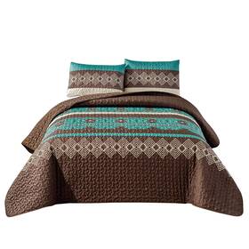 Wpm World Products Mart 812590031605 Southwest Teal/beige/brown Print Bedspread 3 Piece Navajo/native American Tri