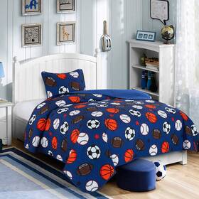 Wpm World Products Mart 812590034309 Football Baseball Print Teen/kids Quilt Set Basketball Sports Fan Design Blue Tw