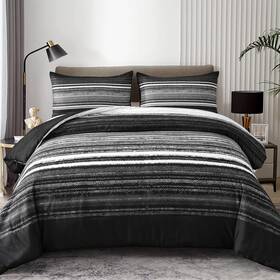 Ab010766q Xruibed 3pcs Queen Comforter Set Black And Grey Patchwork Stripe With 2 Pil