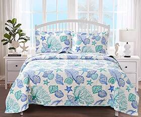 Ycosy 192408580564 Beach Quilt Sets King Size Ocean Theme Bedspread Coastal Bedding Set Blue
