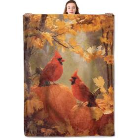 Bl50823xy062 Ycufn Autumn Cardinal Flannel Blanket Pumpkin And Fall Leaf Design Warm Lightweight
