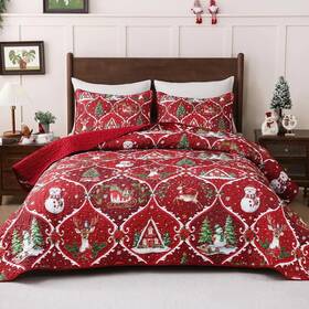 Yinhua 445030365355 3 Piece Christmas Queen Quilt Snowman Xmas Tree Reversible Bedding