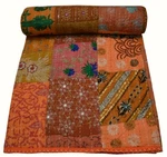 Indian Reversible Patchwork Kantha Quilt Orange Single Blanket Throw Art. Fixed Price $61.35.