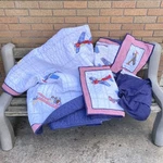 Pottery Barn Tysons Airplane Quilt Throw & Pillow Sham X 86" Dust Ruffle F/q. Fixed Price $149.95.