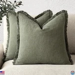Set 2 Olive Green Linen Fringe Throw Pillow Covers 18X18" Boho Farmhouse. Fixed Price $50.32.