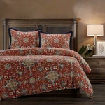 Melinda Washed Linen Red Navy Floral Medallions King 3 Pc Comforter Bedding Set. Fixed Price $399.00.