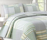 Beach Green Blue Stripe 3PC Queen Quilt Set : Cozy 100% Cotton Nautical Plaid. Fixed Price $94.45.
