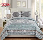 Linen Plus Over Size Quilted Bedspread Set Floral Aqua Blue Taupe White New (kin. Fixed Price $35.16.