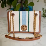 Tory Burch Carson Striped Convertible Shoulder Crossbody Bag Cream Linen Leather. Fixed Price $199.00.