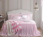 Shabby Chic King Bedspread Set Pink Quilted Ruffled Solid Cotton Polyester Fill. Fixed Price $179.00.