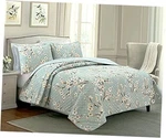 3-PIECE Cotton Quilt Bedding Set, Cream Floral Cyan Blue King Cherry Blossom. Fixed Price $102.82.