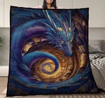 Blue Dragon Protecting Books Quilt Blanket, Fantasy Creature Bedding Gift. Fixed Price $49.56.