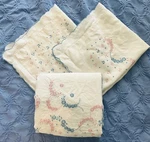 Vintage Heirloom Linen Coverlet Bedspread Set Embroidered Blue Pink 2 Shams. Fixed Price $285.00.