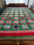 Vintage Handmade Quilted Christmas Block, 9 Patch Quilt, 72" X 65". Fixed Price $120.00.