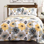 Leah Reversible Floral Quilt Set, 3 Piece King, Yellow & Gray - Watercolor. Fixed Price $157.99.