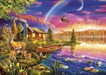 Canvas Art Print Gicl Poster Pillow Lakeside Cabin With Deer Outdoor Nature. Fixed Price $39.99.