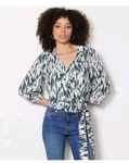 Evereve Carson Wrap Top Sz Green Cream Ikat Print Balloon Sleeve Tie Front. Fixed Price $29.00.