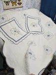 Home Classics Queen Blue & White Embroidered Floral Quilted Bedspread Shams. Fixed Price $41.99.