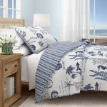 Blue Nautical Coastal Themed Full/queen Microrfiber 3-PIECE Quilt Set Bedspread. Fixed Price $47.80.