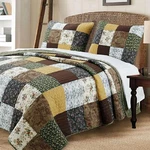 Quilt Set Queen Patchwork Floral Brown Gold Pillow Shams 3 Piece Cotton Bedding. Fixed Price $105.35.