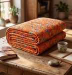 Indian Handmade Orange Paradise Printed Cotton Kantha Quilt Blanket Throw. Fixed Price $69.72.