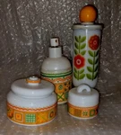 Vintage Avon Patchwork Quilt, Milk Glass Vanity Set Harvest Lot Of 4. Fixed Price $29.00.