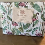 Tranquil Tides Coastal Flamingo Print Queen Sheet Set. Fixed Price $36.99.