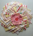#411 - 25 Cheerful Pink & Yellow 6" Vintage Chenille Quilt Squares Sew. Fixed Price $27.49.