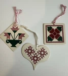 3 Quilt Pattern Ornaments Carolina Lily, Single Wedding Ring, Lancaster Rose. Fixed Price $19.99.