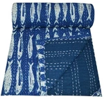 Blue Fish Block Printed Cotton Kantha Quilt Bedspread Blanket Queen Size Gifts. Fixed Price $54.85.