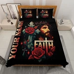 Personalized Christian Jesus And Cross Faith With Roses Religious Quilt Bed Set. Fixed Price $71.99.
