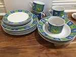Vtg Mexico Regal 20 Pc Service Set Blue Green Floral Tulip Rim Quilt Plate Soup. Fixed Price $131.19.