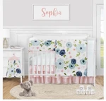 Navy Pink Watercolor Floral Baby Girl 5PC Nursery Crib Bedding Set Sweet Jojo. Fixed Price $159.99.