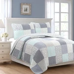 Subtle Blue Checker Cottage Floral Stripe Cotton Patchwork Quilt Bedding Set. Fixed Price $69.99.