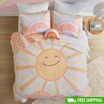 Reversible Cotton Quilt Set Kids Smiling Sun Design Decorative Pillow Included. Fixed Price $106.38.