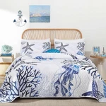 Coastal Quilt Set Queen Blue Nautical Beach Bedding Reversible Coverlet. Fixed Price $63.95.