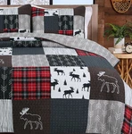 Moose Lodge 3PC Queen Quilt Set : Pine Tree Red Black Plaid Cozy Cabin Wildlife. Fixed Price $86.45.