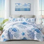 Coastal Queen Quilt Set With Shams, Nautical Ocean Beach Bedding 90"X96. Fixed Price $82.99.