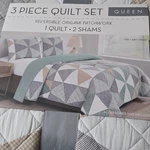 3 Piece Queen Quilt Set Reversible Patchwork Gray Beige White Blue Bedroom. Fixed Price $49.99.